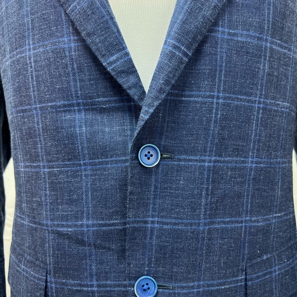 Greiner's Custom Wool/Silk/Linen Blend Blue Windowpane Plaid Blazer Jacket 38S - Picture 4 of 9